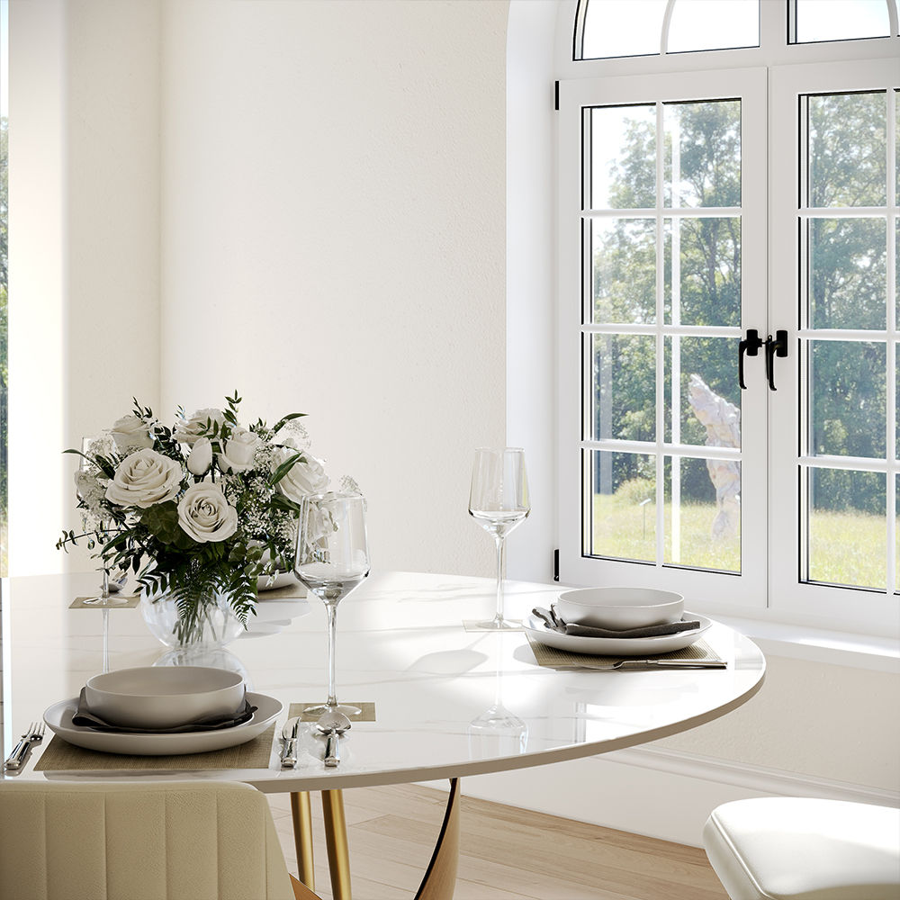 Modern White Round Dining Table with X Carbon Base Sintered Stone White & Bronze