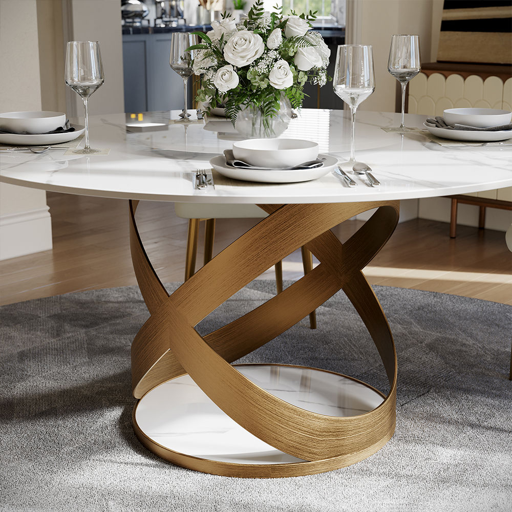 Modern White Round Dining Table with X Carbon Base Sintered Stone White & Bronze