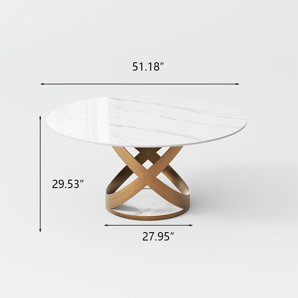 Modern White Round Dining Table with X Carbon Base Sintered Stone White & Bronze