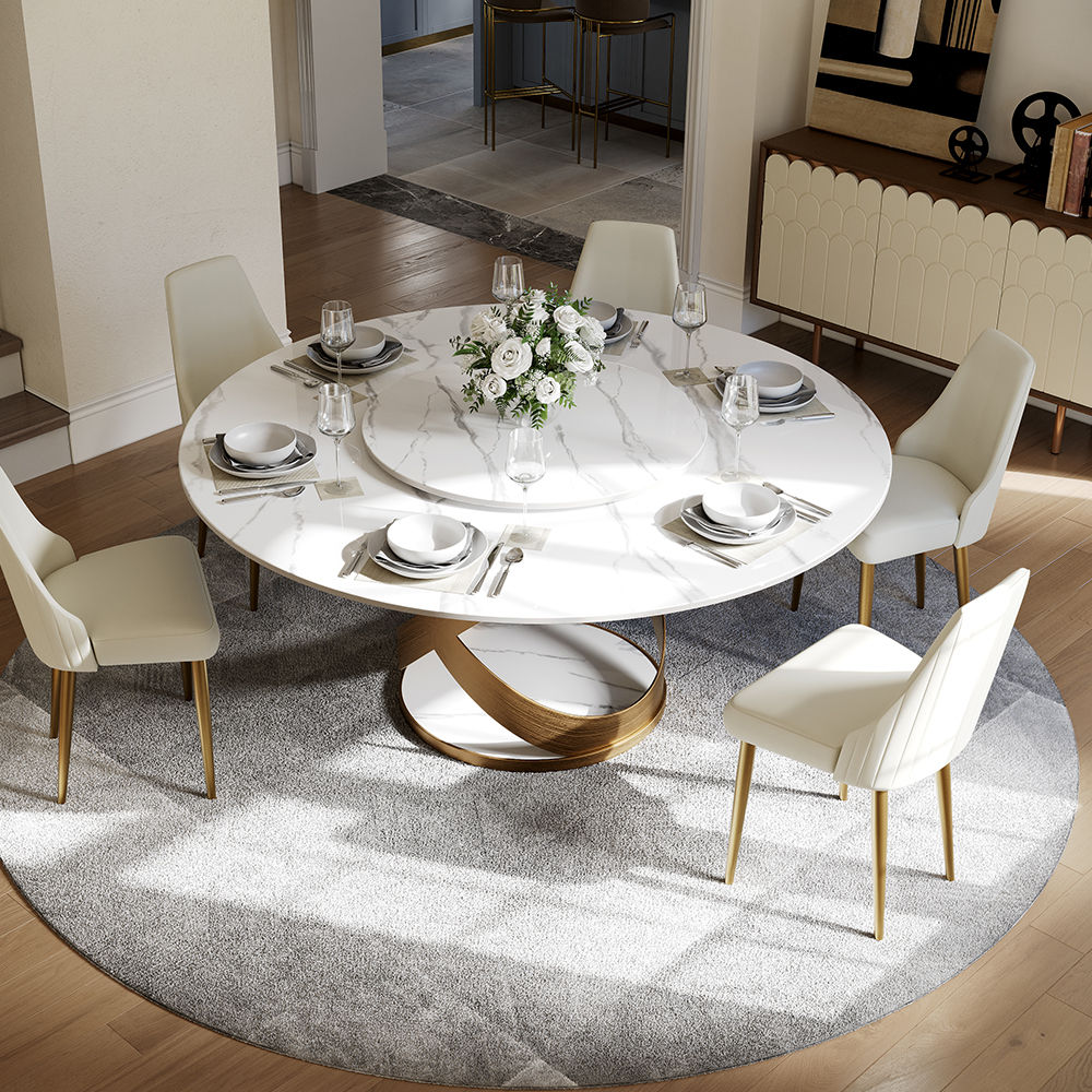 Modern White Round Dining Table with X Carbon Base Sintered Stone White & Bronze