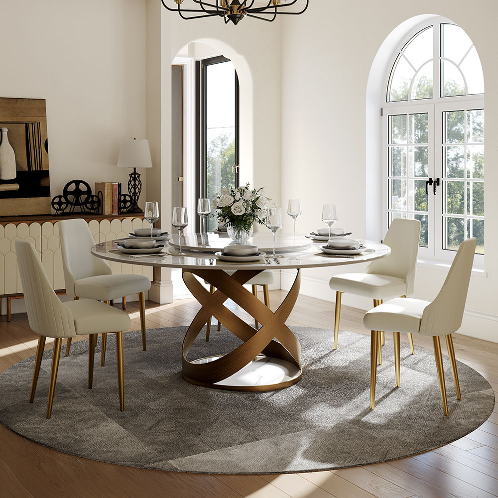 Modern White Round Dining Table with X Carbon Base Sintered Stone White & Bronze