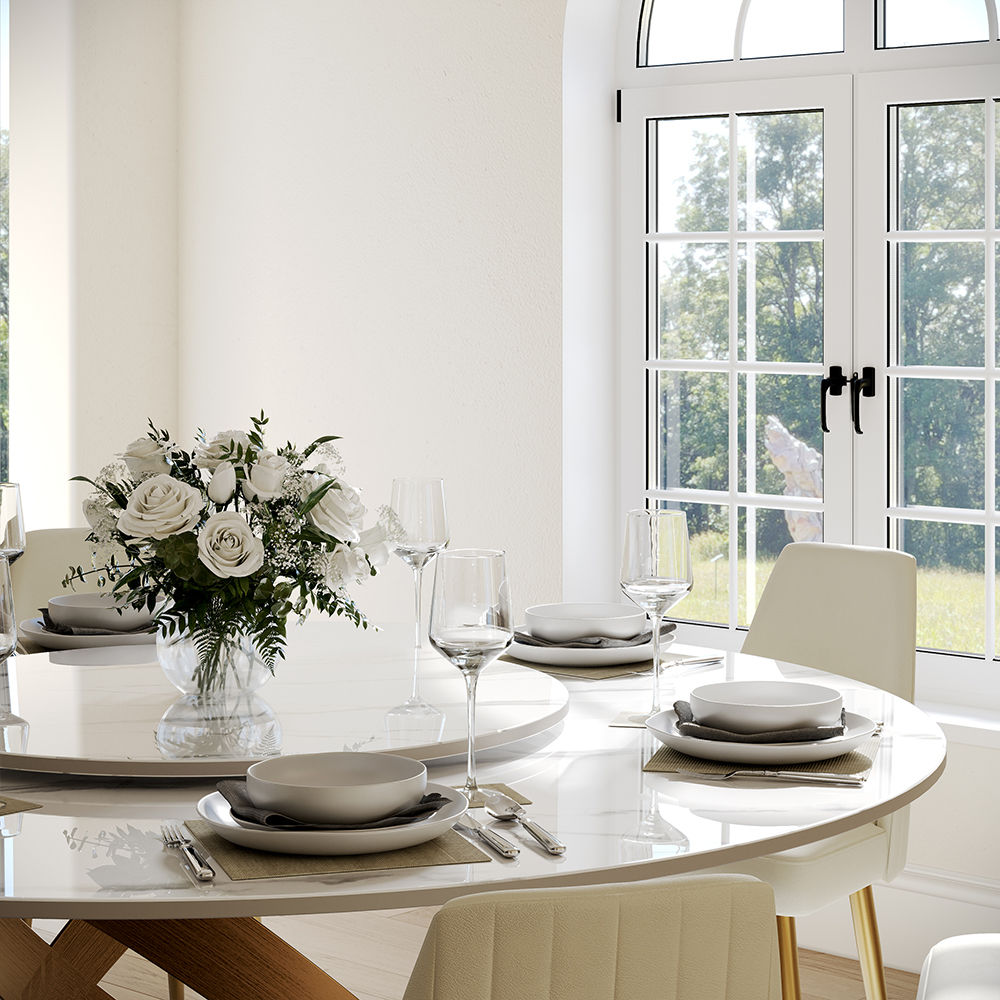 Modern White Round Dining Table with X Carbon Base Sintered Stone White & Bronze