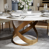 Modern White Round Dining Table with X Carbon Base Sintered Stone White & Bronze