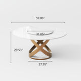 Modern White Round Dining Table with X Carbon Base Sintered Stone White & Bronze