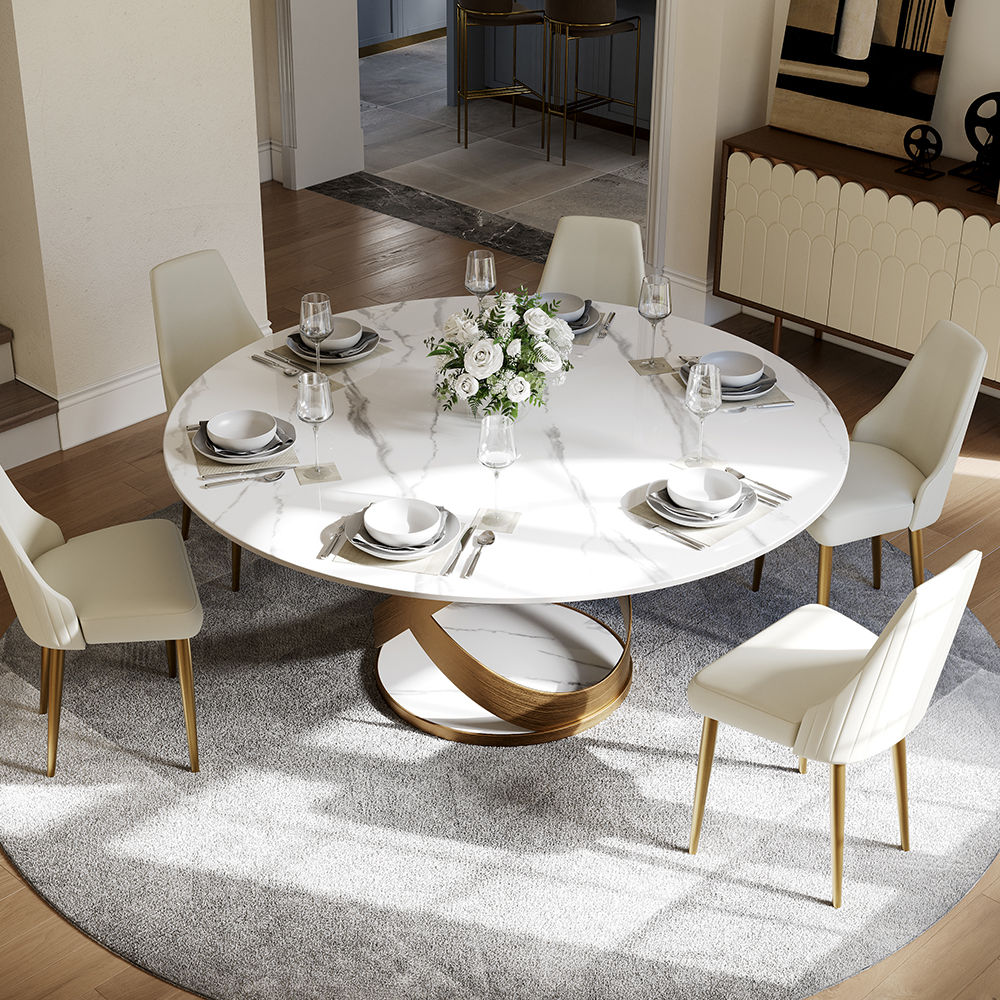 Modern White Round Dining Table with X Carbon Base Sintered Stone White & Bronze