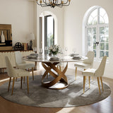 Modern White Round Dining Table with X Carbon Base Sintered Stone White & Bronze