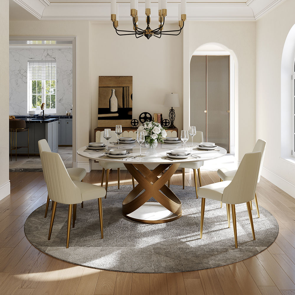 Modern White Round Dining Table with X Carbon Base Sintered Stone White & Bronze