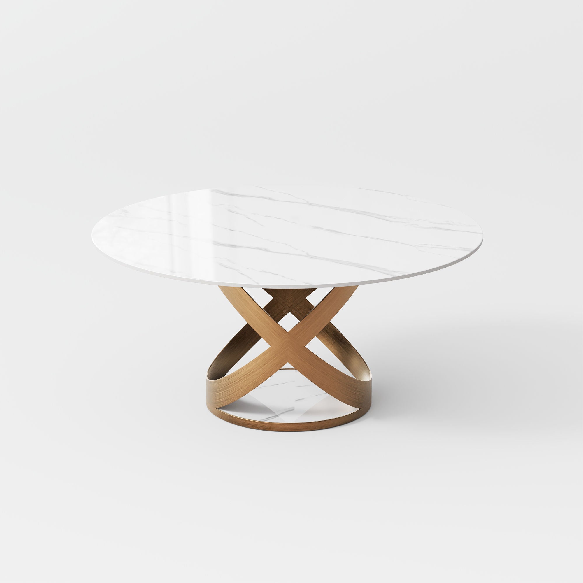 Modern White Round Dining Table with X Carbon Base Sintered Stone White & Bronze