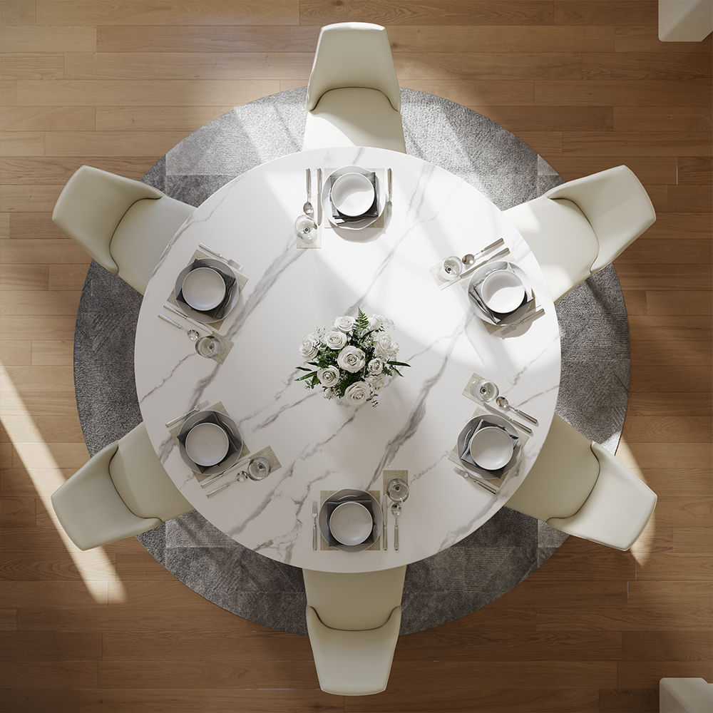 Modern White Round Dining Table with X Carbon Base Sintered Stone White & Bronze