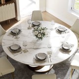 Modern White Round Dining Table with X Carbon Base Sintered Stone White & Bronze