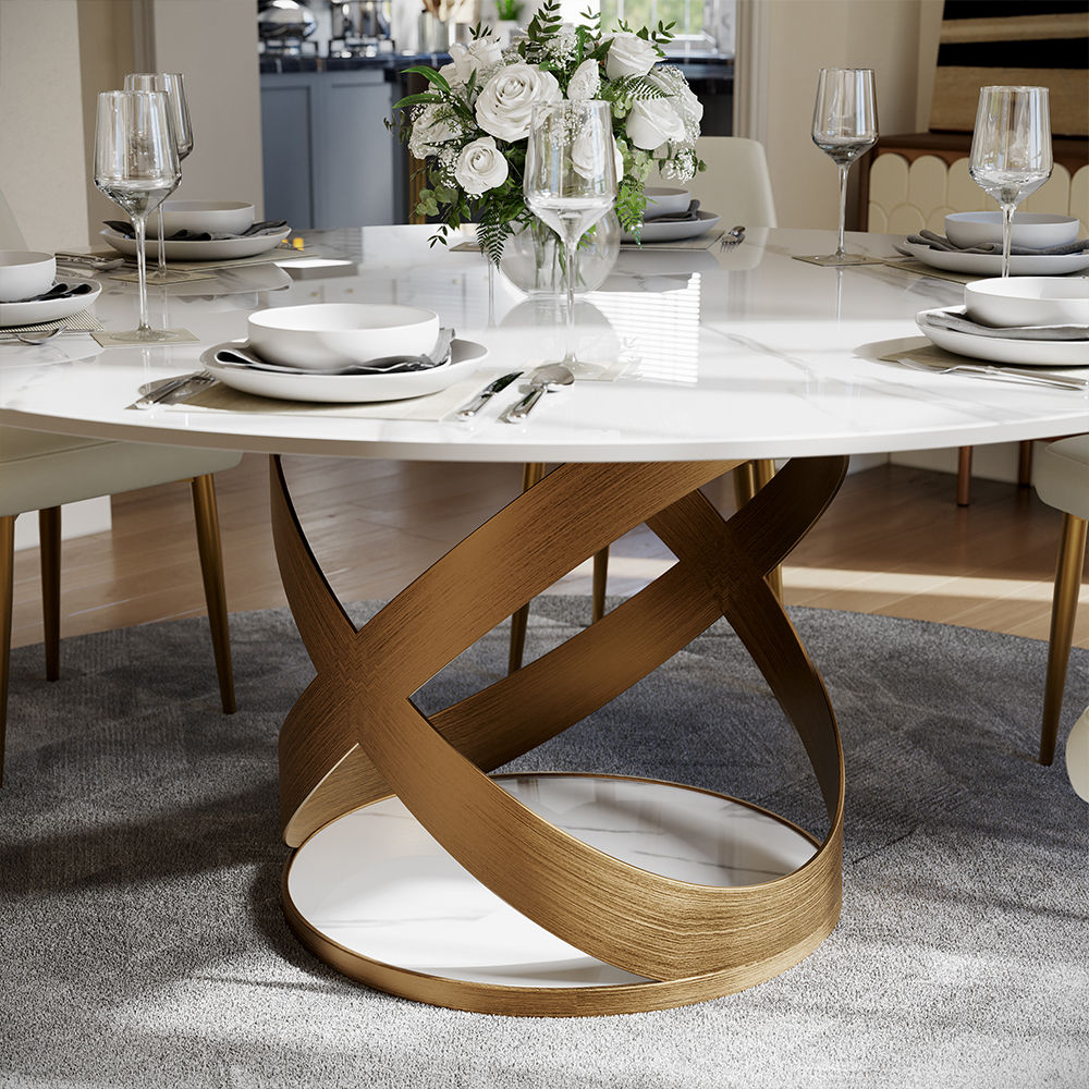 Modern White Round Dining Table with X Carbon Base Sintered Stone White & Bronze