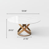 Modern White Round Dining Table with X Carbon Base Sintered Stone White & Bronze