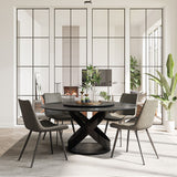 Modern White Round Dining Table with X Carbon Base Sintered Stone Black