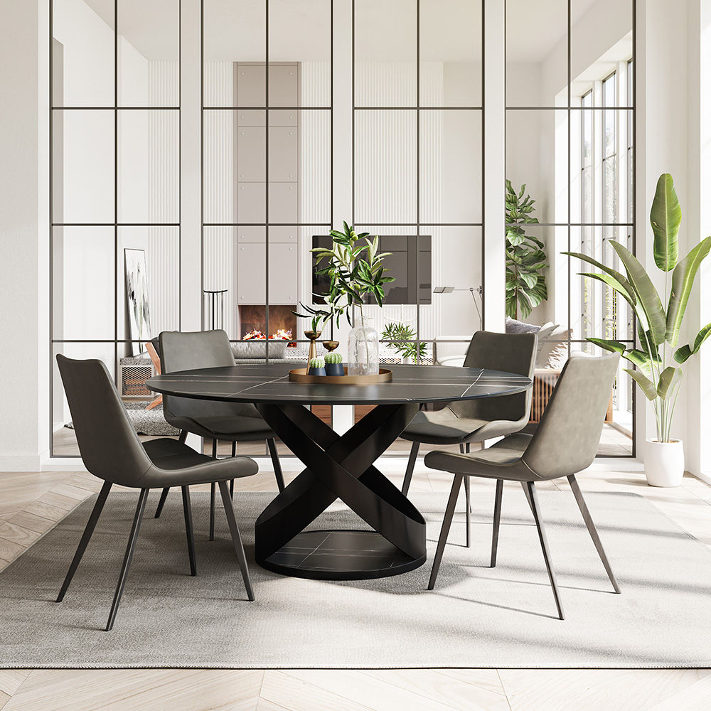 Modern White Round Dining Table with X Carbon Base Sintered Stone Black