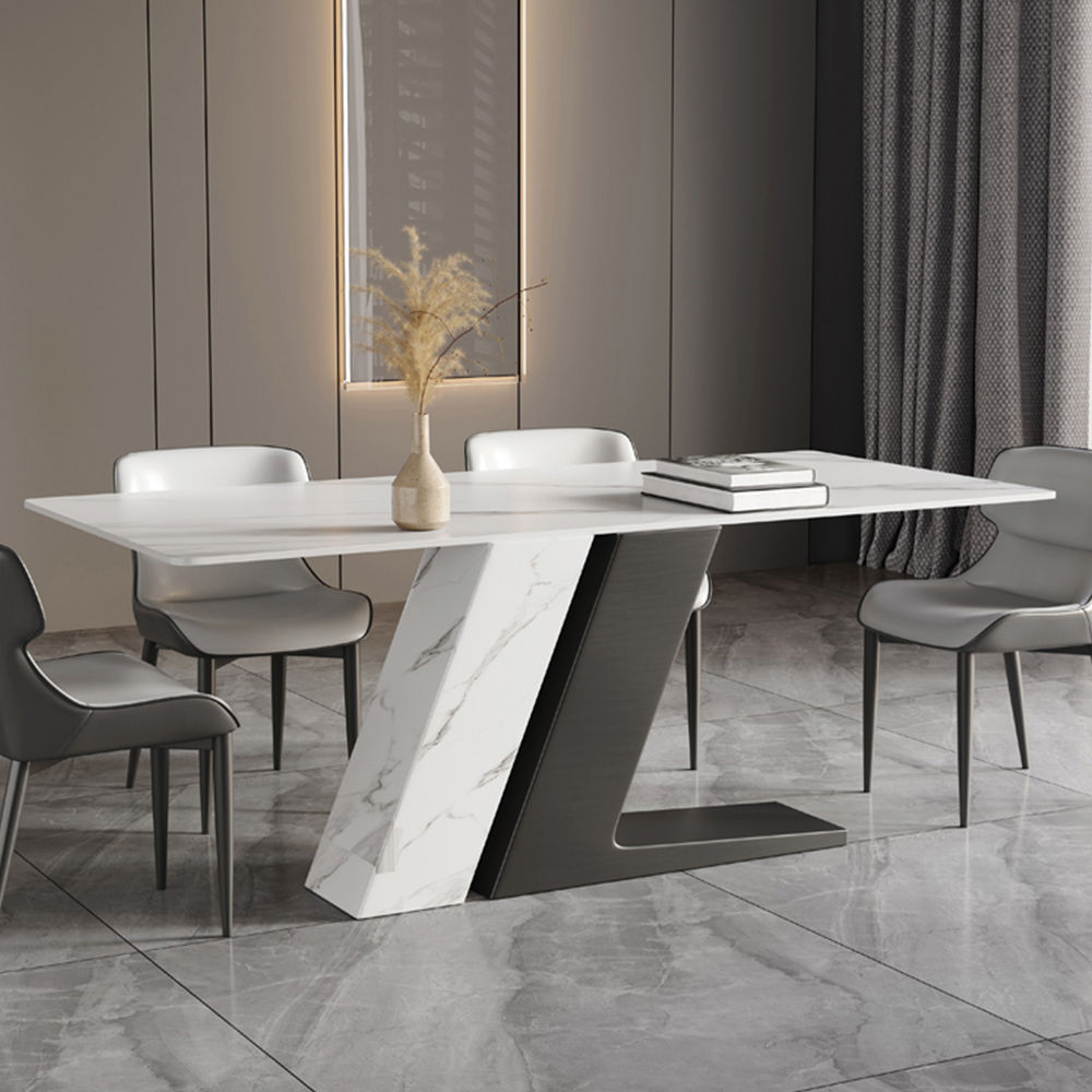 Luxury White Dining Table with Sintered Stone Steel Base Black White