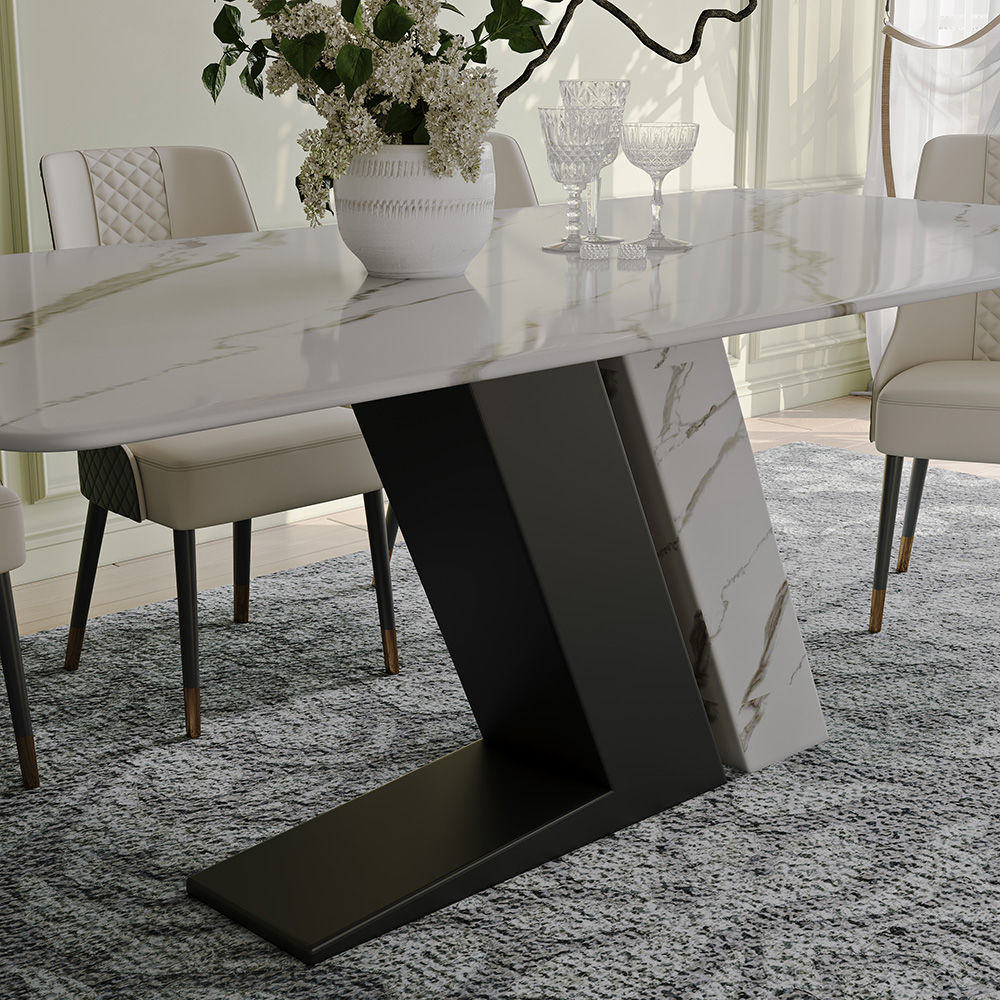 Luxury White Dining Table with Sintered Stone Steel Base Black White