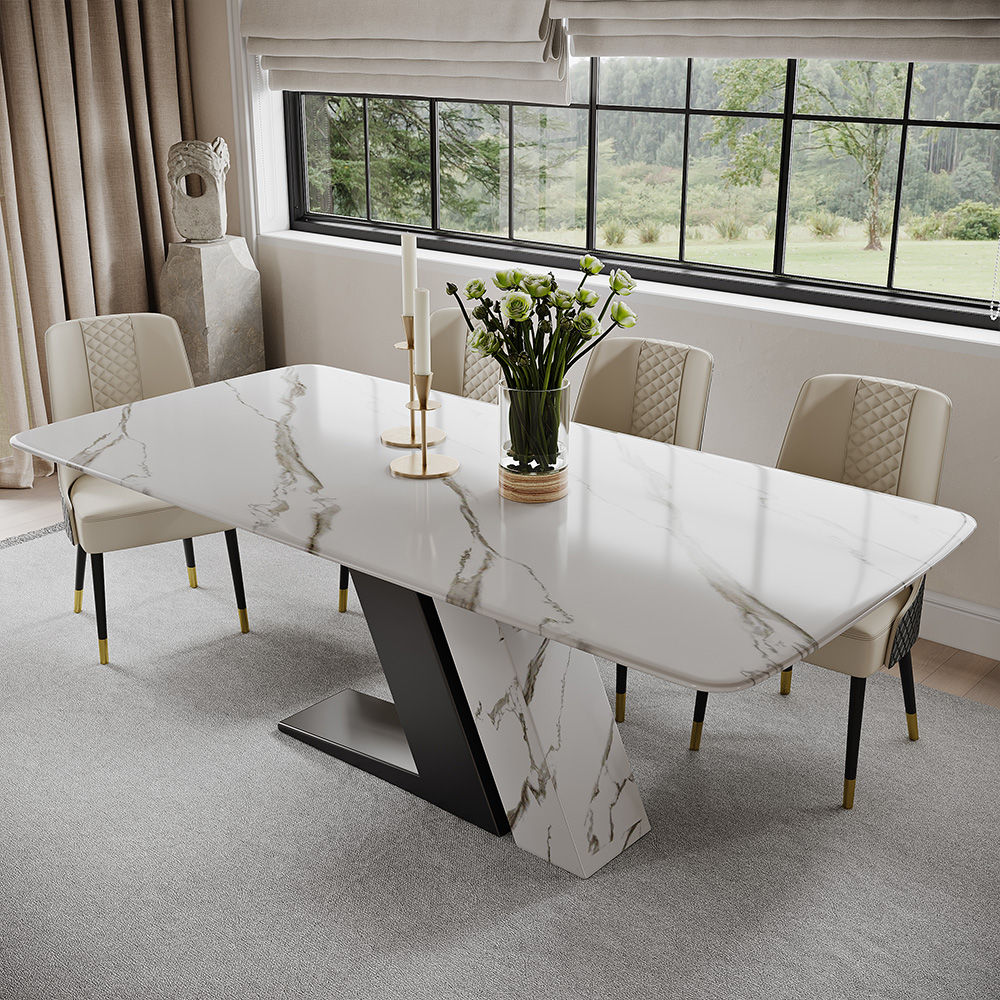 Luxury White Dining Table with Sintered Stone Steel Base Black White