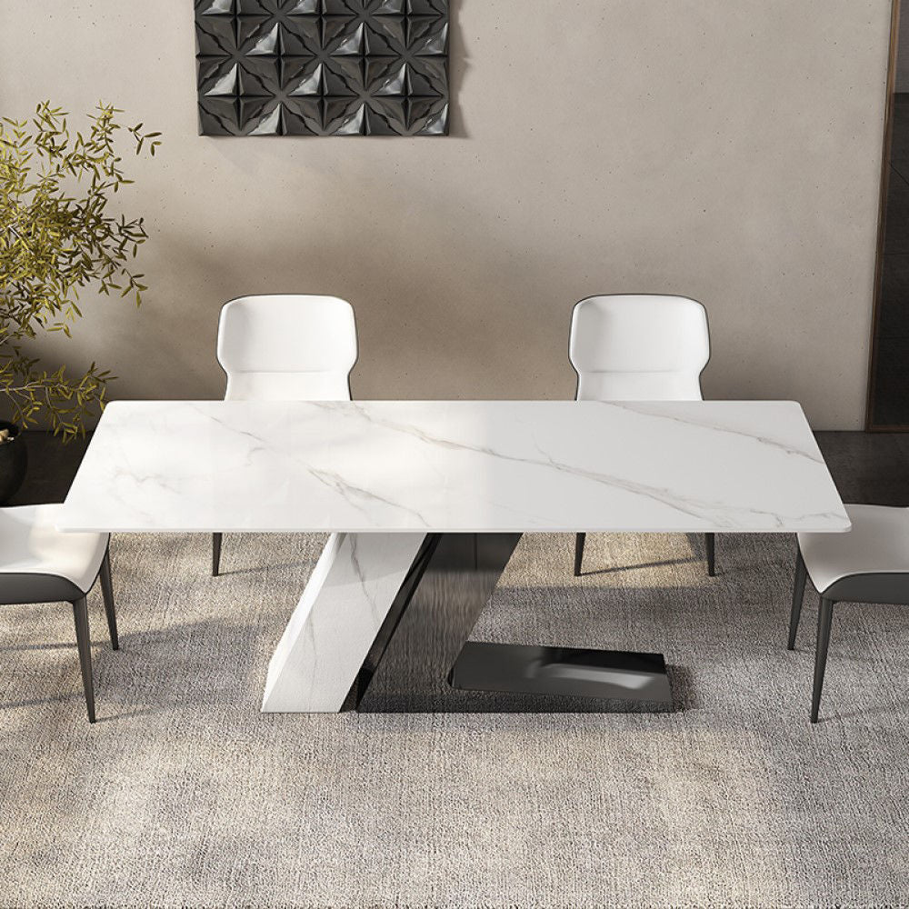 Luxury White Dining Table with Sintered Stone Steel Base Black White