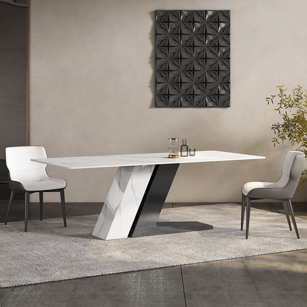 Luxury White Dining Table with Sintered Stone Steel Base Black White