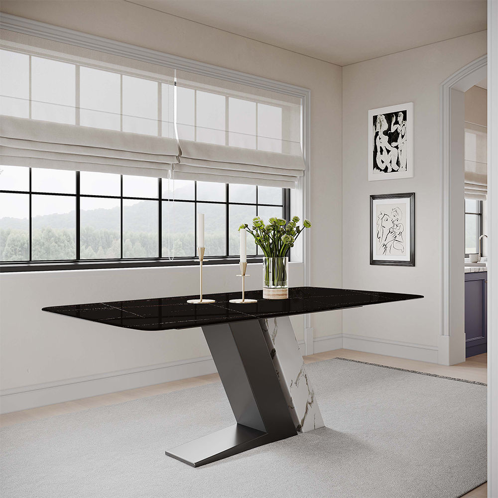 Luxury White Dining Table with Sintered Stone Steel Base Black Black