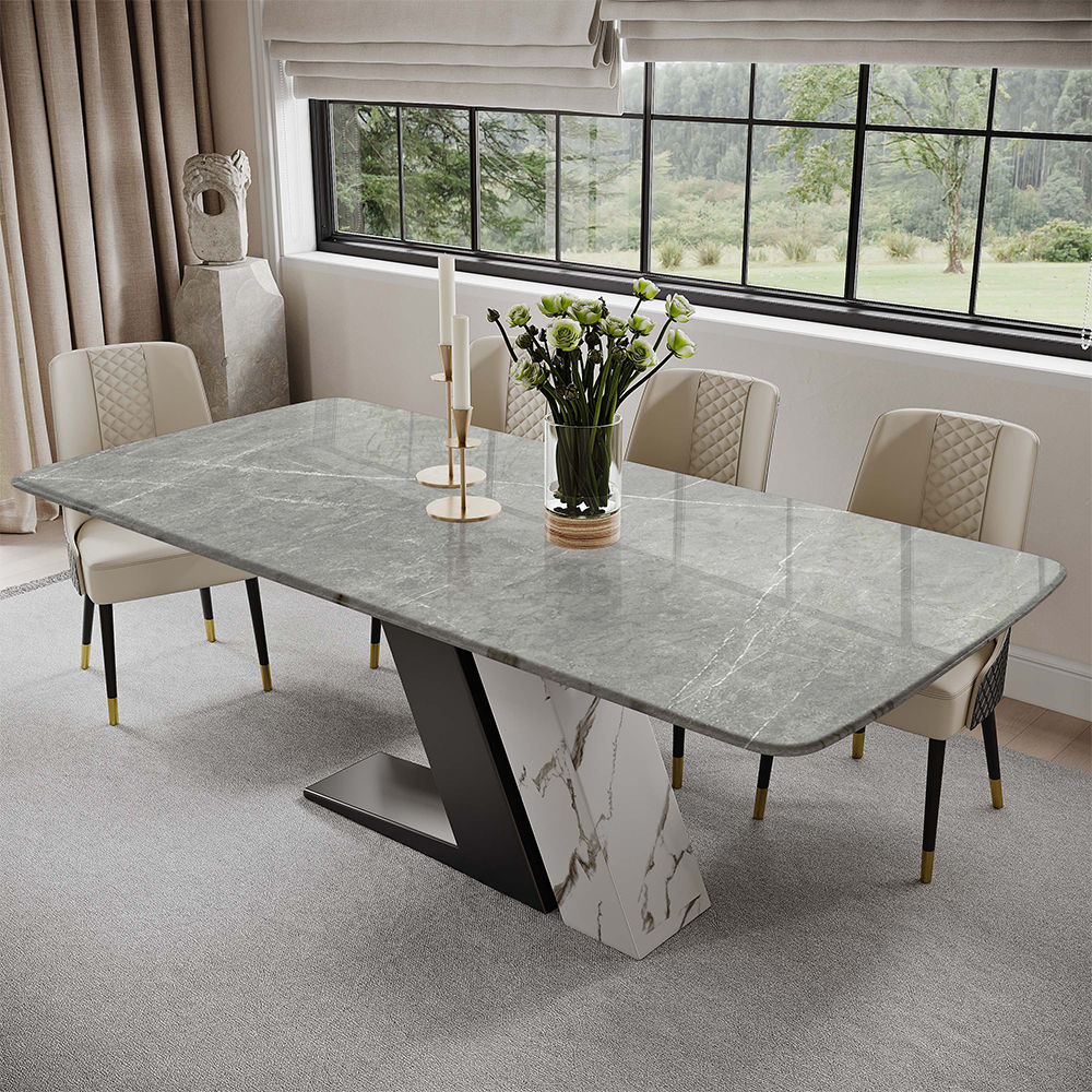 Luxury White Dining Table with Sintered Stone Steel Base Black Dark Gray