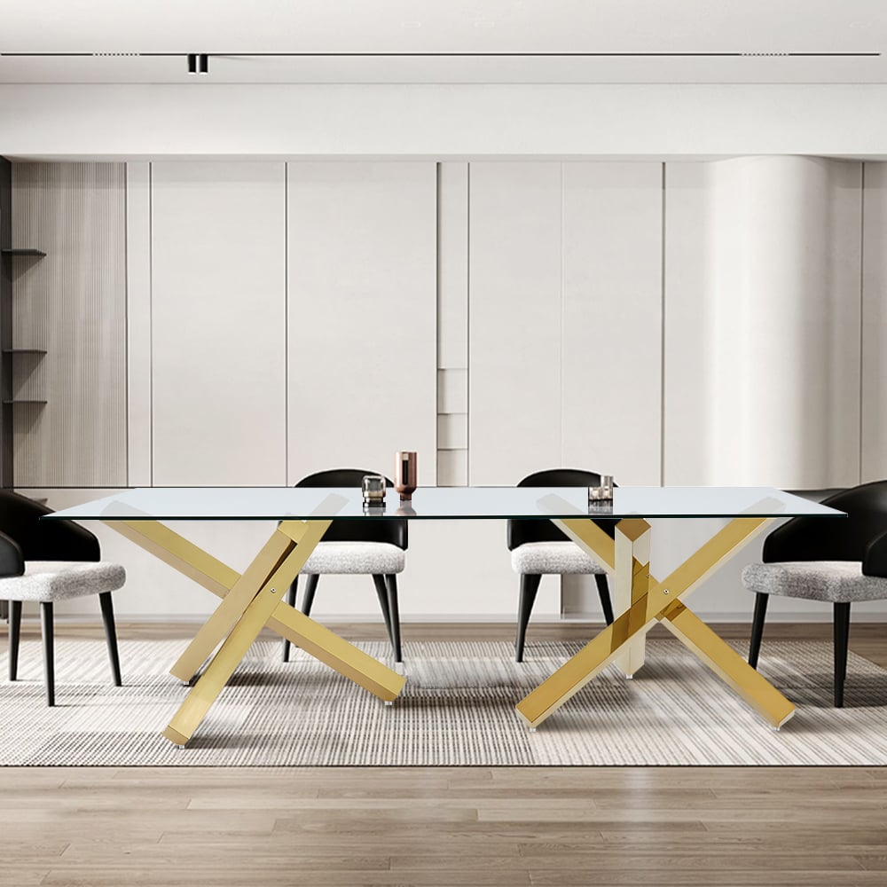 Modern Glass Dining Table with Double Pedestal in Gold Gold