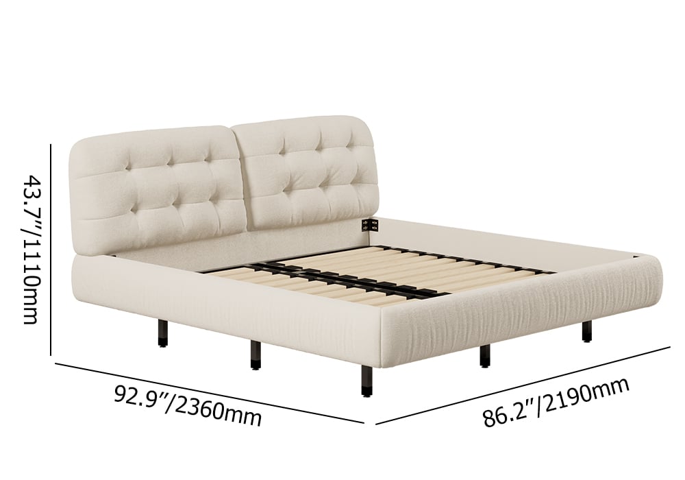 Modern King Floating Tufted Bed Low Profile Cloud Bed Boucle Upholstery Off-White