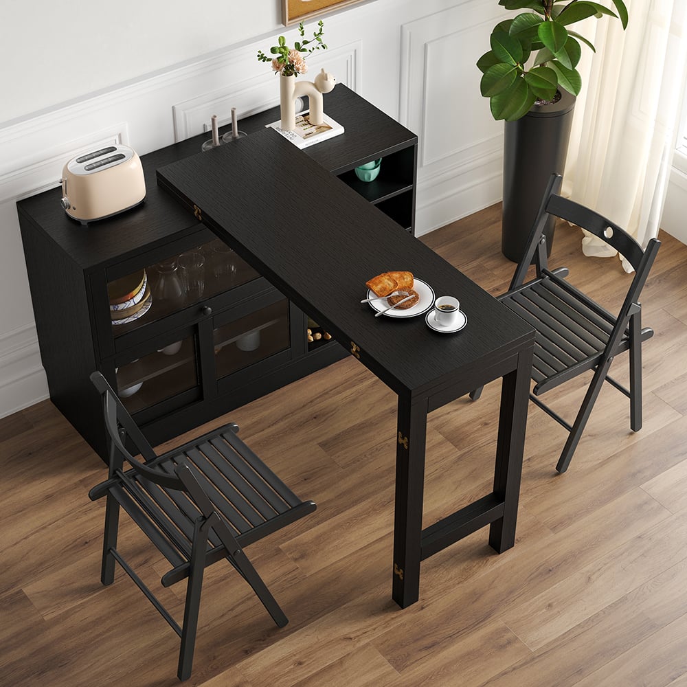 Storage Sideboard Cabinet Extendable Wood Buffet Foldable Dining Table Black