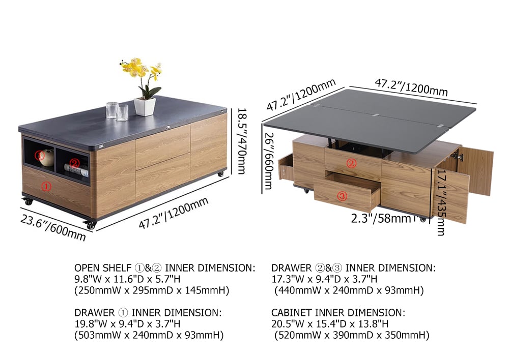 Modern Lift Top Coffee Table Multi Functional Table with Drawers & Shelves & Upholstered Stool Table + 4 Stools