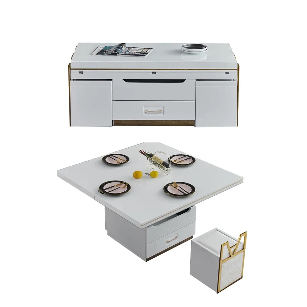 White Modern Lift Top Coffee Table Set with Storage & Stools Extendable Accent Table White