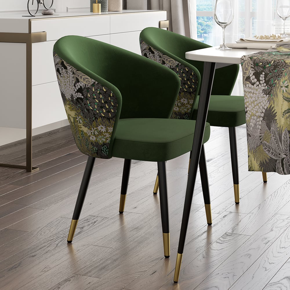 Upholstered Velvet Dining Chair Curved Back Modern Arm Chair Green