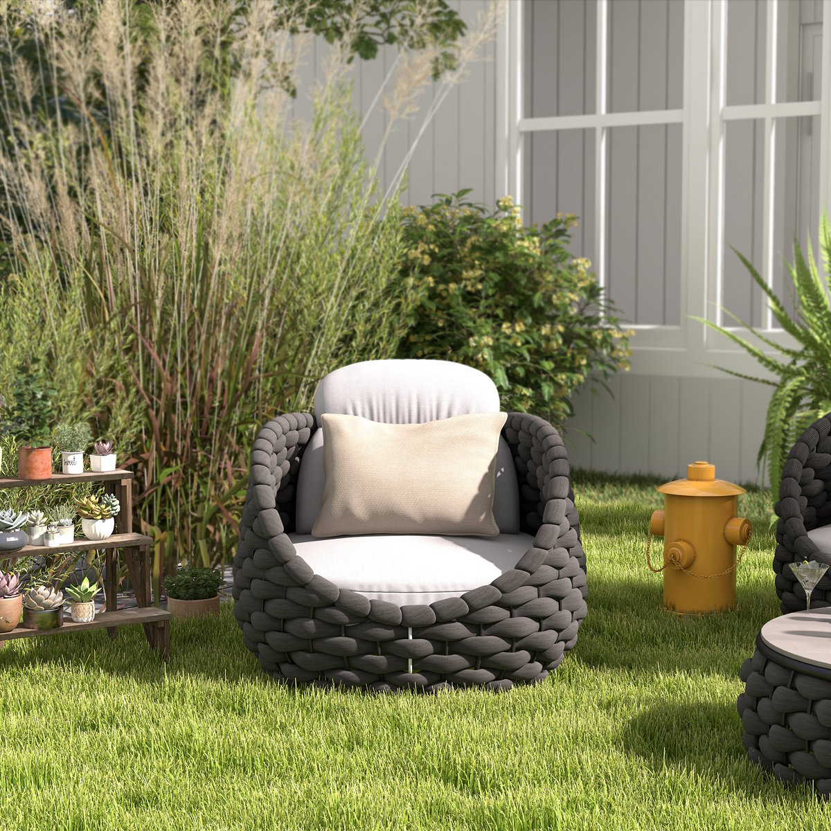 Tatta Modern Outdoor Swivel Chair 360 Degree Rotatable Gray Woven Rope Armchair Sofa Gray & Black