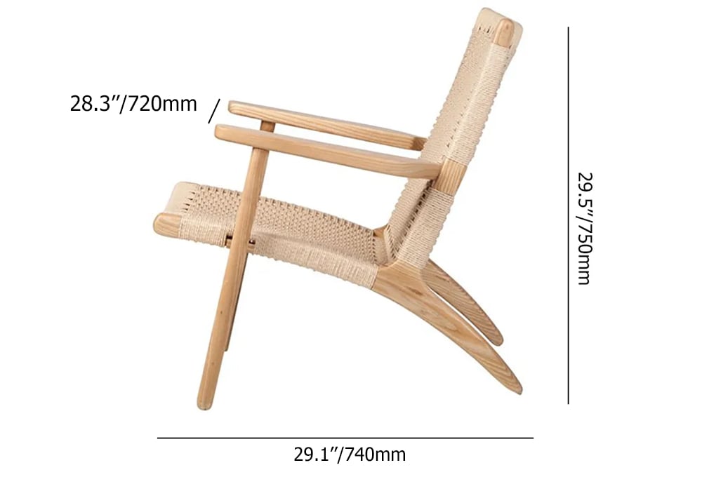Japandi Solid Wood Outdoor Patio Lounge Chair Armchair Kraft Paper Rope Woven Seat Beige