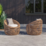 Austen Rattan Outdoor Barrel Chair Nest Shape Sidechair with Cushion in Brown Brown