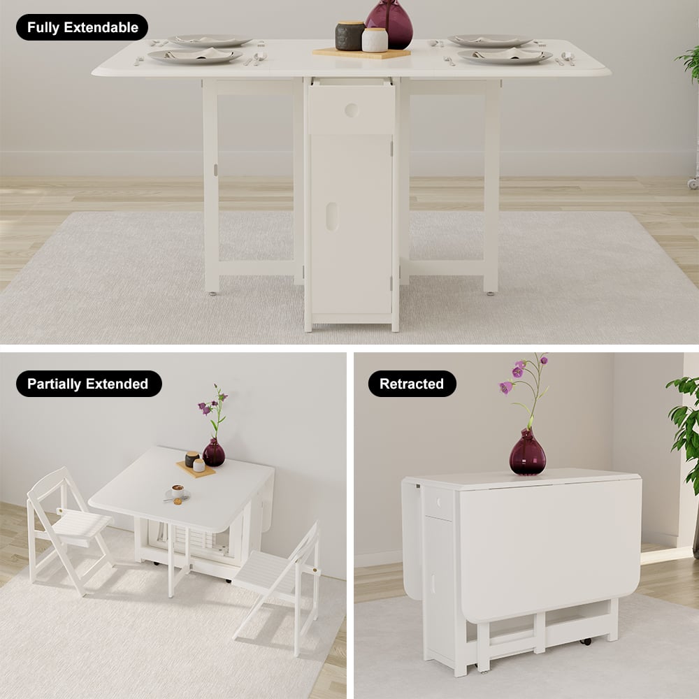 Modern Solid Wood Folding 5 Piece Dining Table Set for 4 White