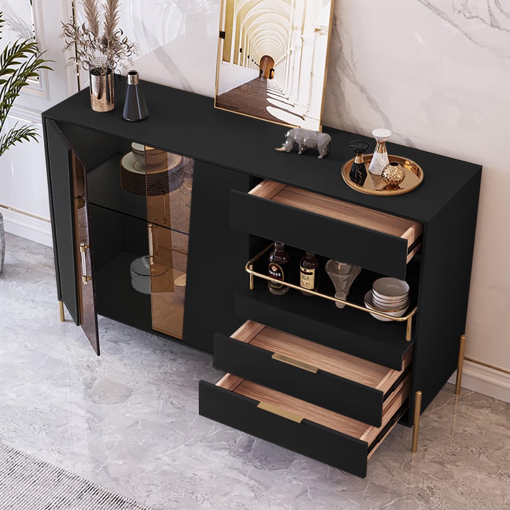 Dolawn Modern Sideboard Buffet Tempered Glass Doors & Shelf Tray Wine Rack Black