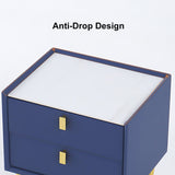 Modern Nightstand with 2 Drawers PU Leather Nightstand with Glod Legs Blue