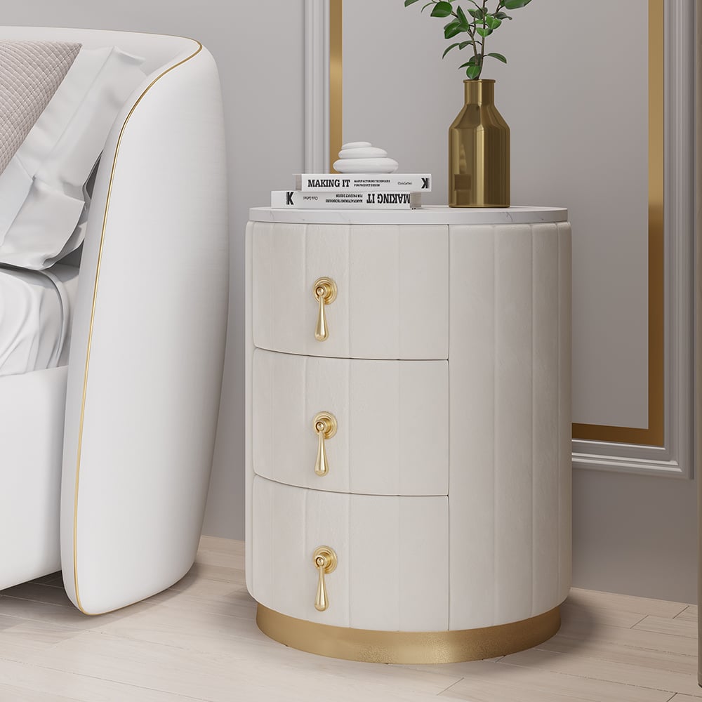 Modern Velvet Nightstand with Storage Sintered Stone Top Round Nightstand with 3 Drawers White