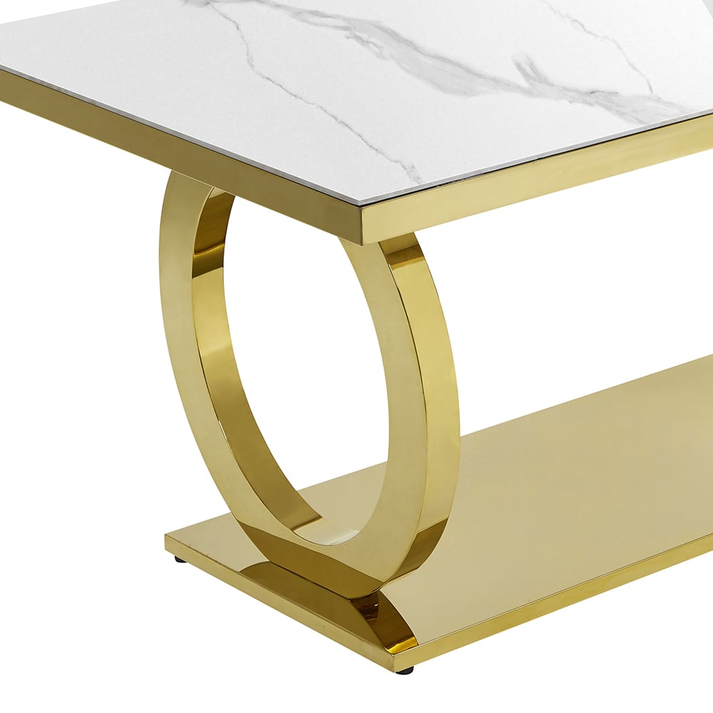 Modern Rectangle White Dining Table Sintered Stone Top Stainless Steel Base in Gold Gold