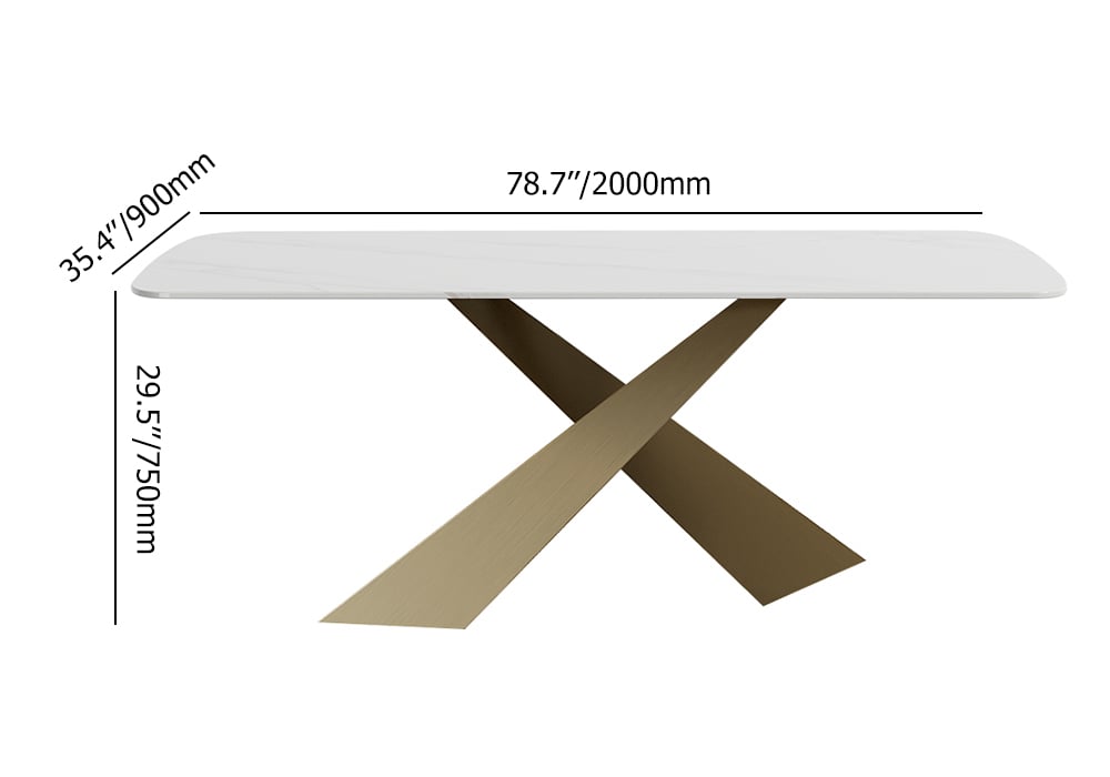 White Sintered Stone Top Rectangle Modern Dining Table Antique Brass X-Base 78.7"L x 39.4"W x 29.5"H