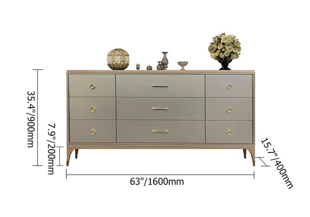 Contemporary 9-Drawer Champagne Bedroom Dresser for Storage in Gold Metal & MDF & Solid Wood & Brass