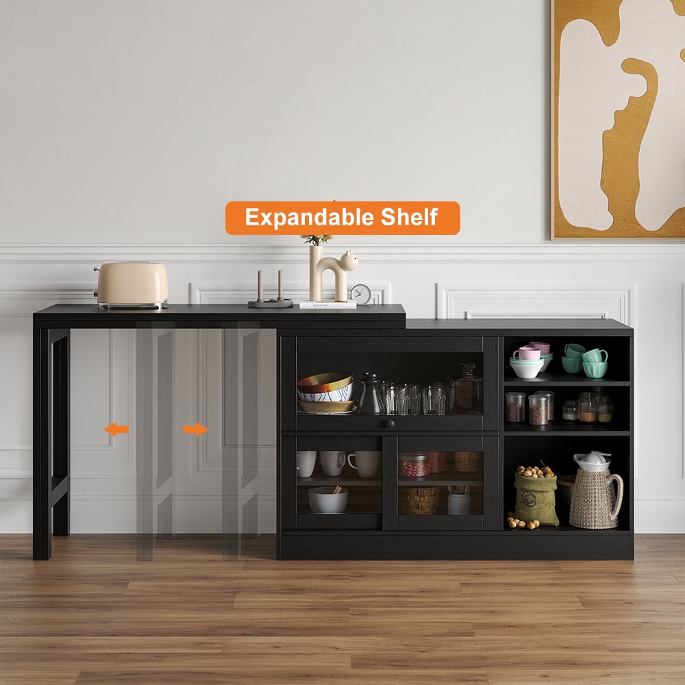 Storage Sideboard Cabinet Extendable Wood Buffet Foldable Dining Table Black