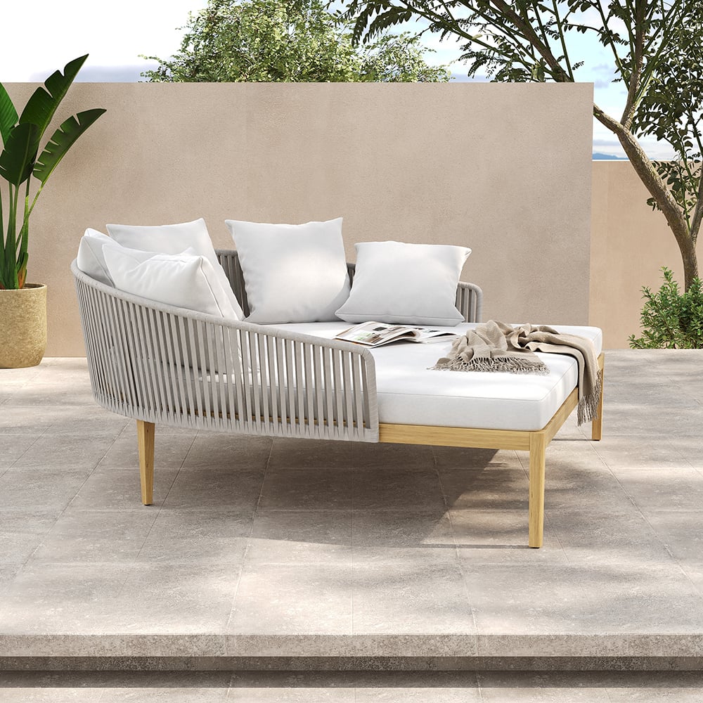 Modern Style Rattan Outdoor Daybed with Cushion Pillow in White White & Gray