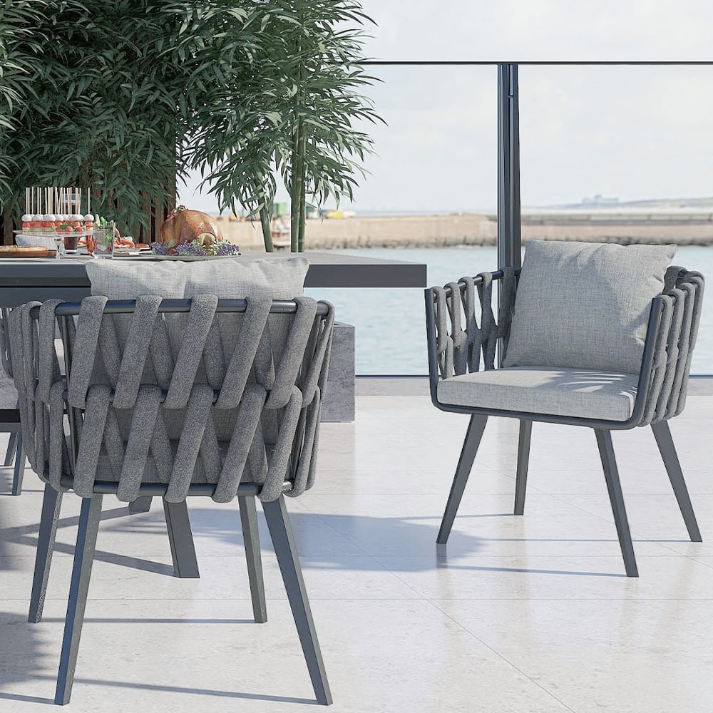 7 Pieces Aluminum Outdoor Dining Set with Extendable Marble Top Table and Woven Armchair Gray