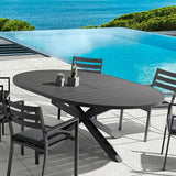 Outdoor Extendable Round Trestle Dining Table with Aluminum Frame in Black Black