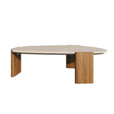 Modern Geometric Beige Outdoor Patio Travertine Coffee Table with Wood Stand in Walnut Walnut