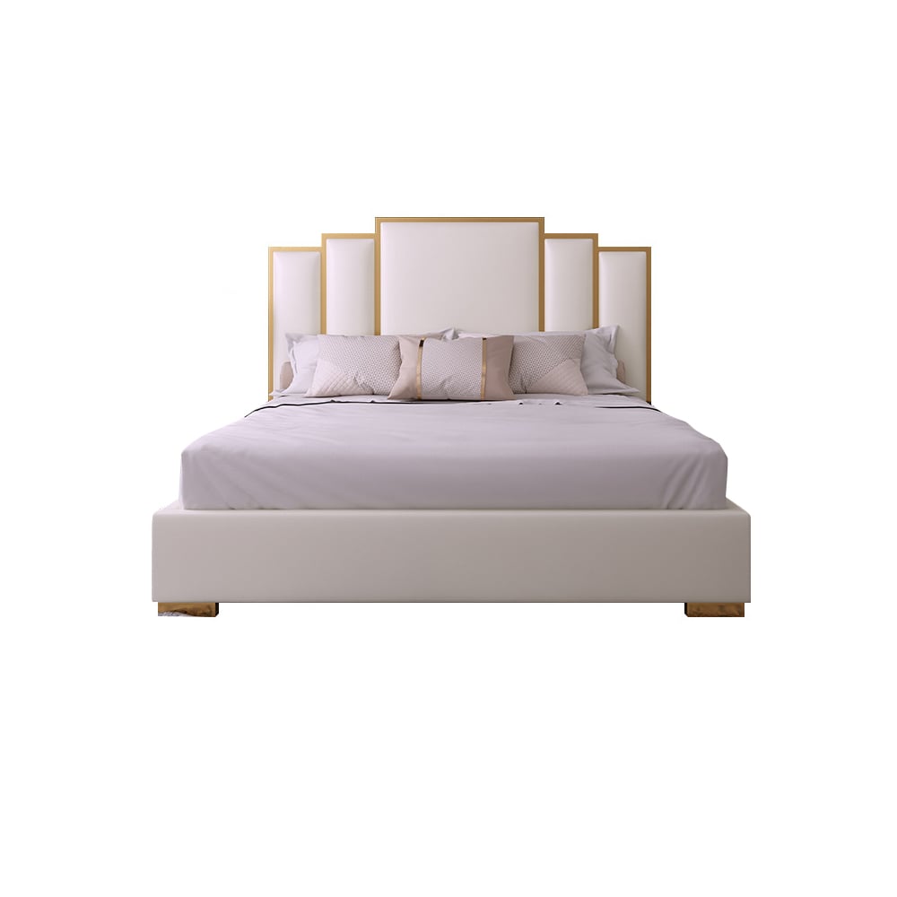 Modern Faux Leather Upholstered Bed in White Geometric Headboard Included White