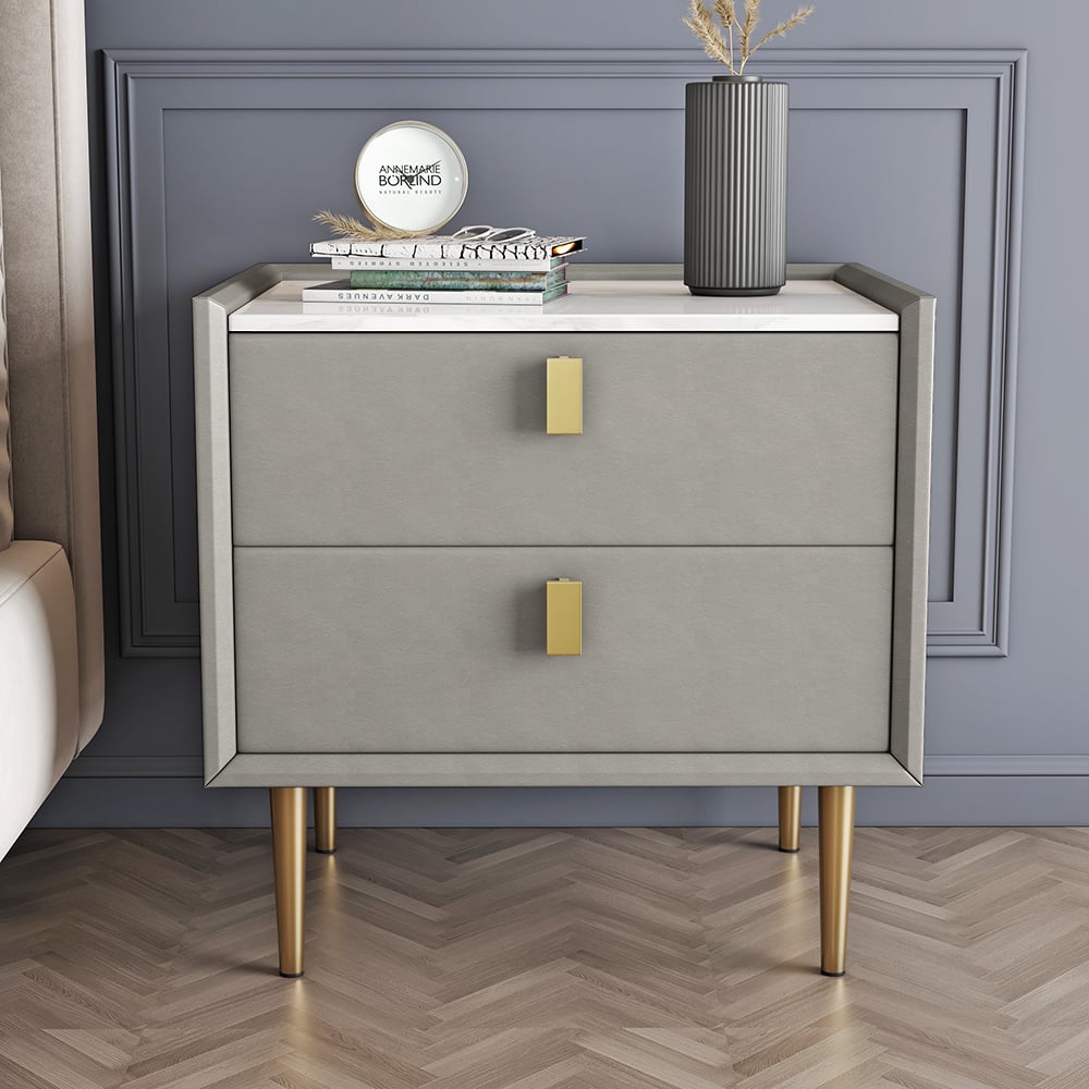 Modern Nightstand with 2 Drawers PU Leather Nightstand with Glod Legs Light Gray