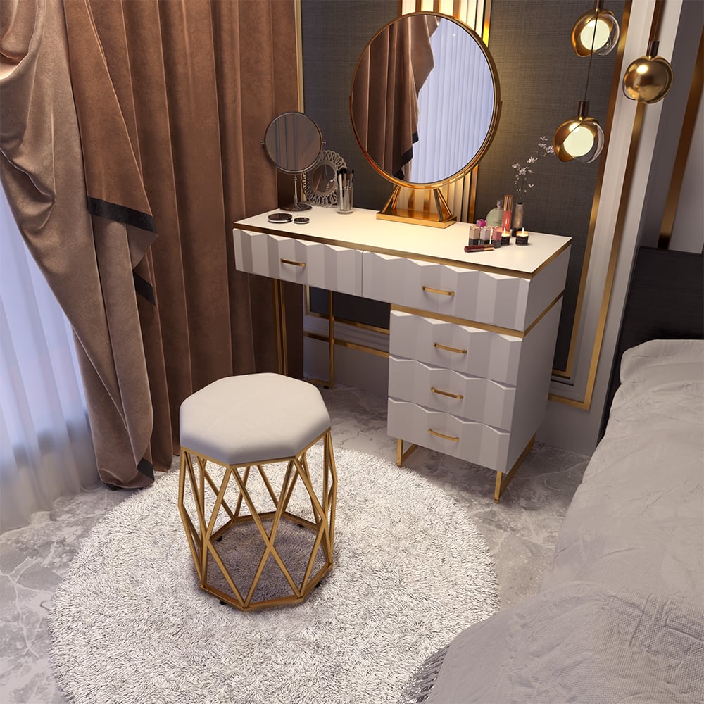 Modern White Extendable Makeup Vanity 5 Drawers Dressing Table Set with Stool and Mirror White