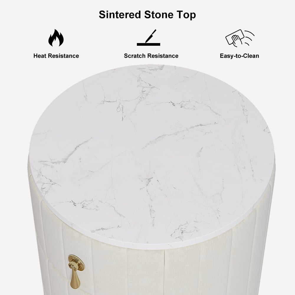 Modern Velvet Nightstand with Storage Sintered Stone Top Round Nightstand with 3 Drawers White